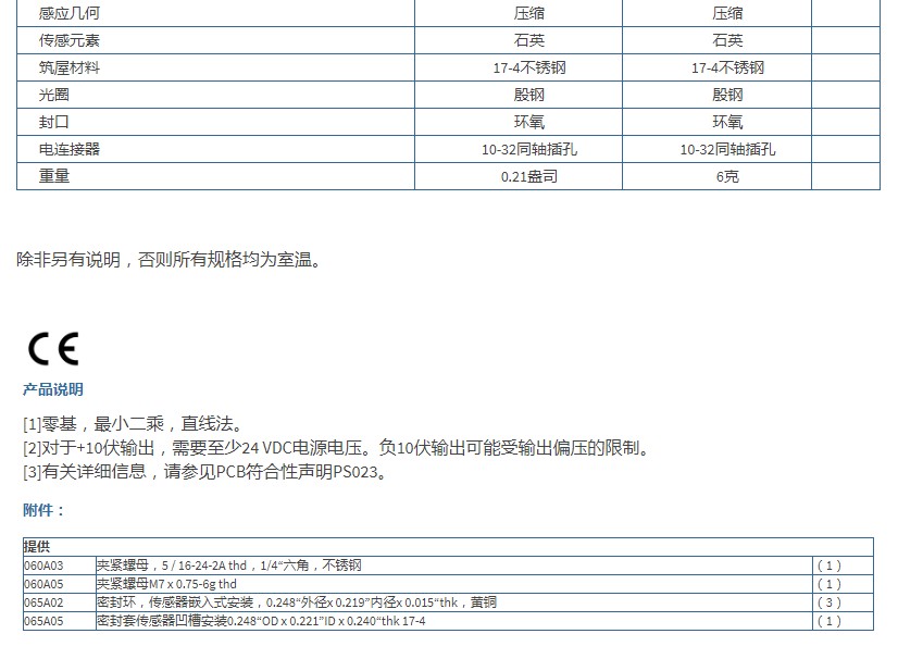 PCB通用型ICP?壓力傳感器111A24型技術參數