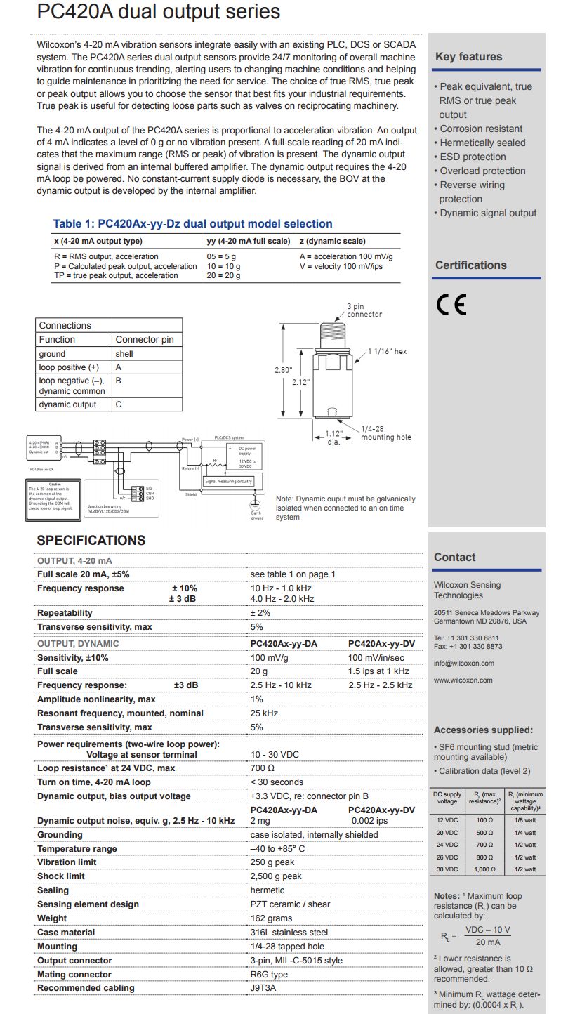 威爾康森帶有動態振動輸出的4-20mA回路供電振動傳感器PC420AR-20-DA型的技術參數