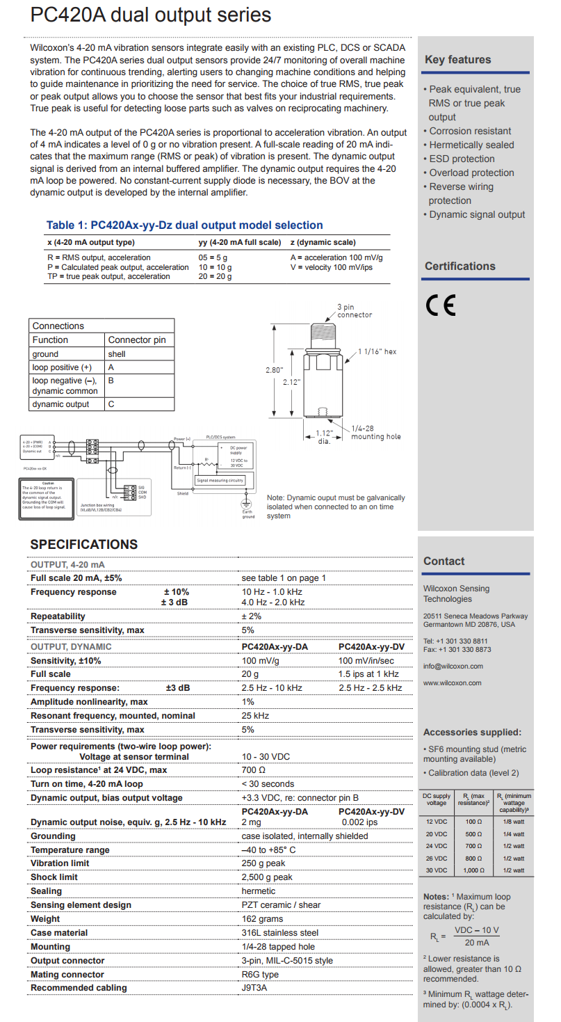 威爾康森帶有動態振動輸出的4-20mA回路供電振動傳感器PC420AR-10-DA型的技術參數