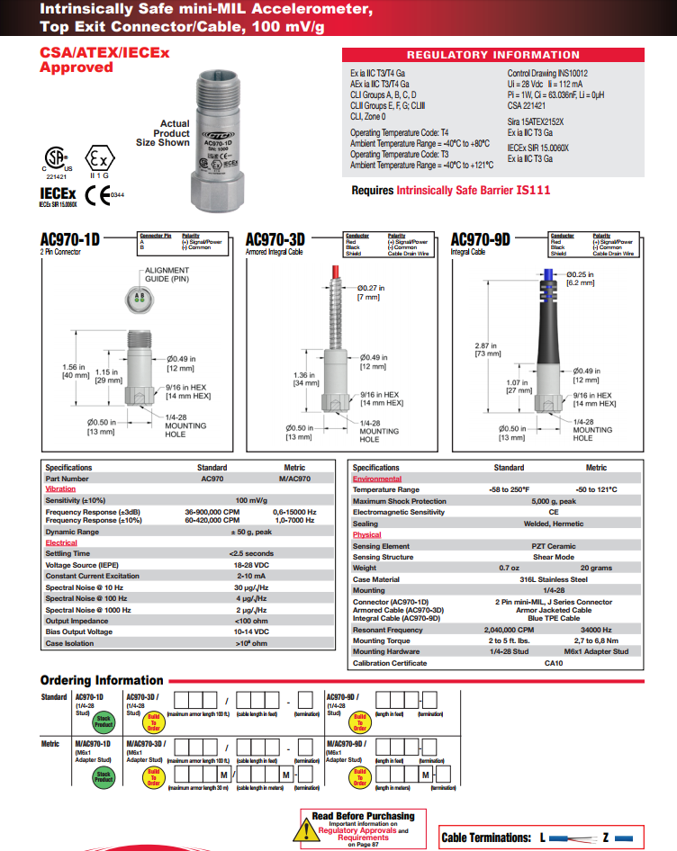 CTC本安型小型加速度振動傳感器AC970技術參數(shù) 