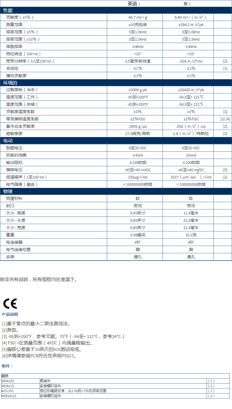 美***進口PCB單軸加速度振動傳感器352C683711B1130G型技術參數