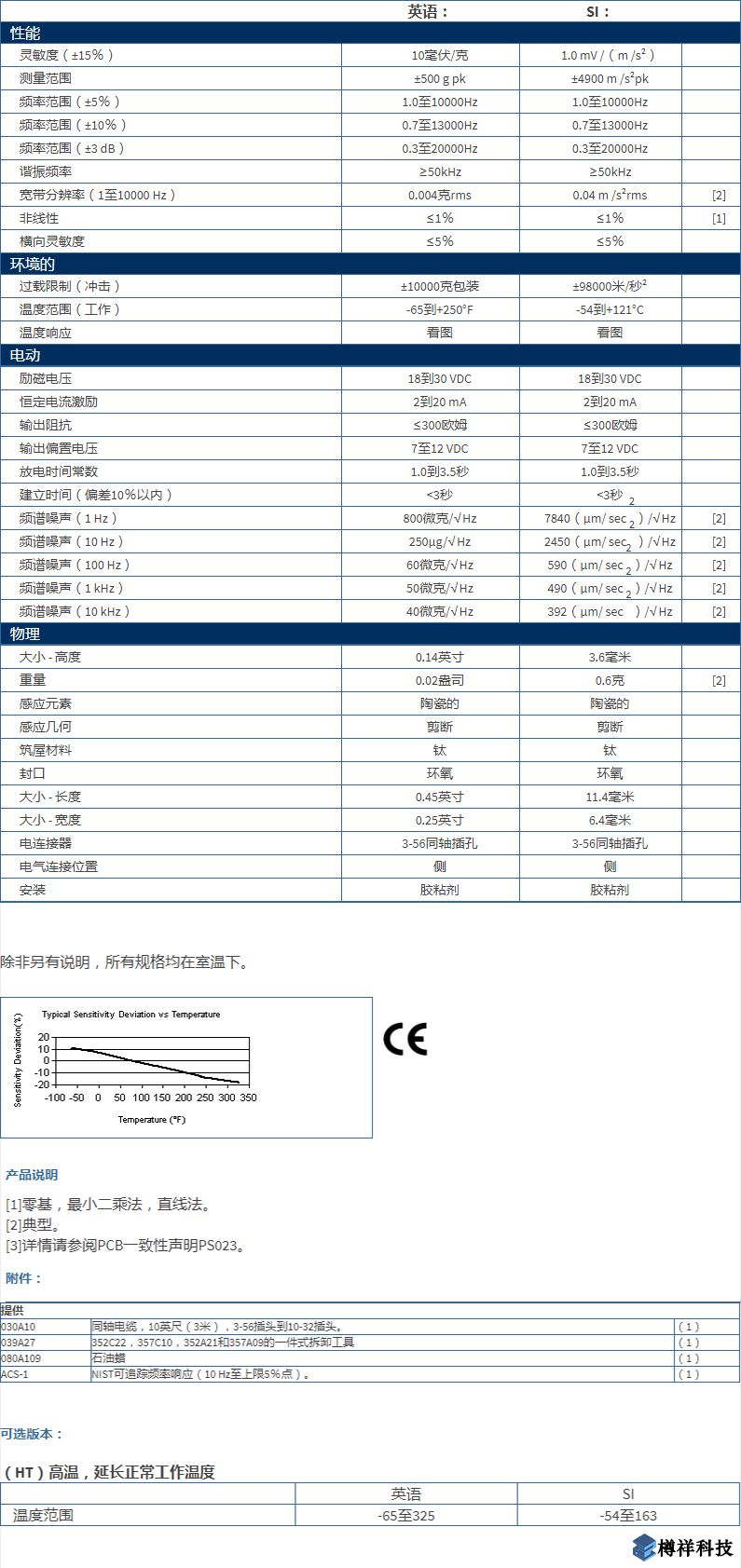 美***進口PCB單軸加速度振動傳感器352A21型技術參數