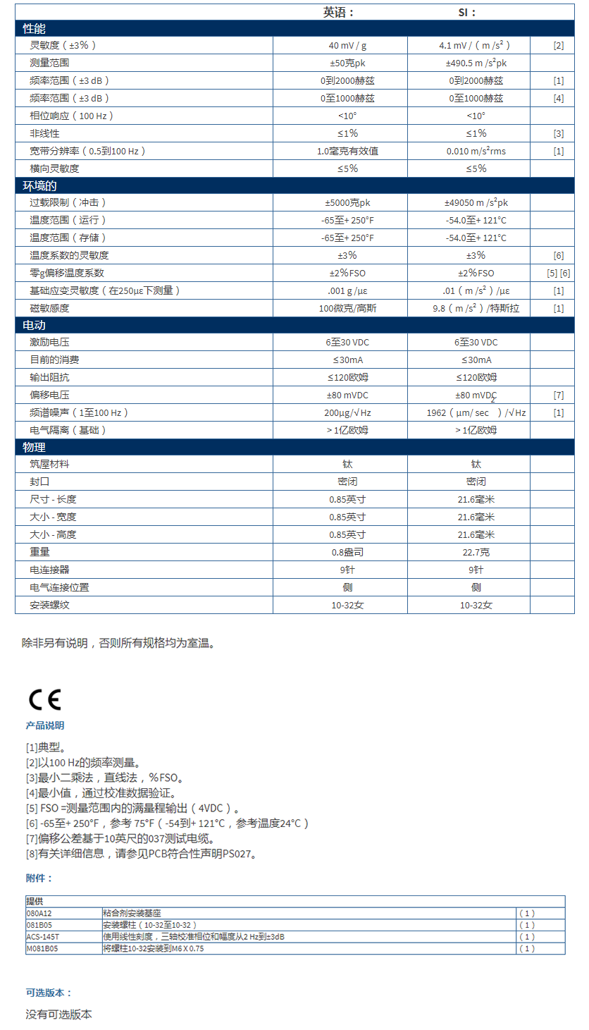 美***進口PCB三軸加速度振動傳感器3713E1150G型技術(shù)參數(shù)